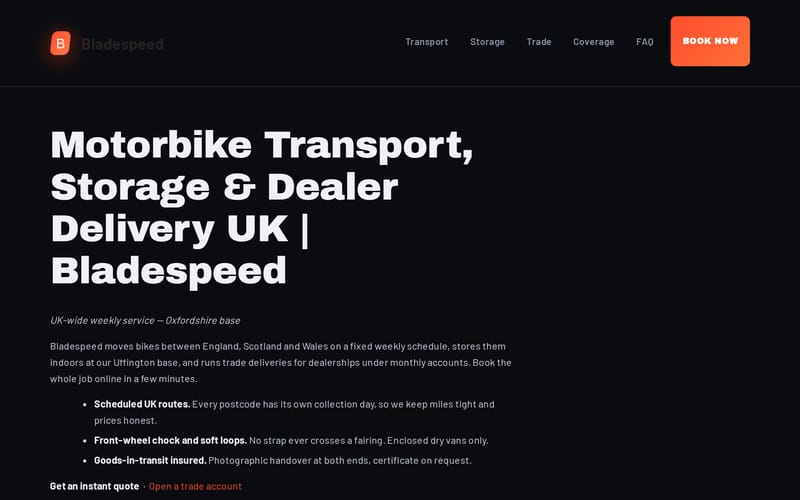 Bladespeed homepage, built by AI Speed