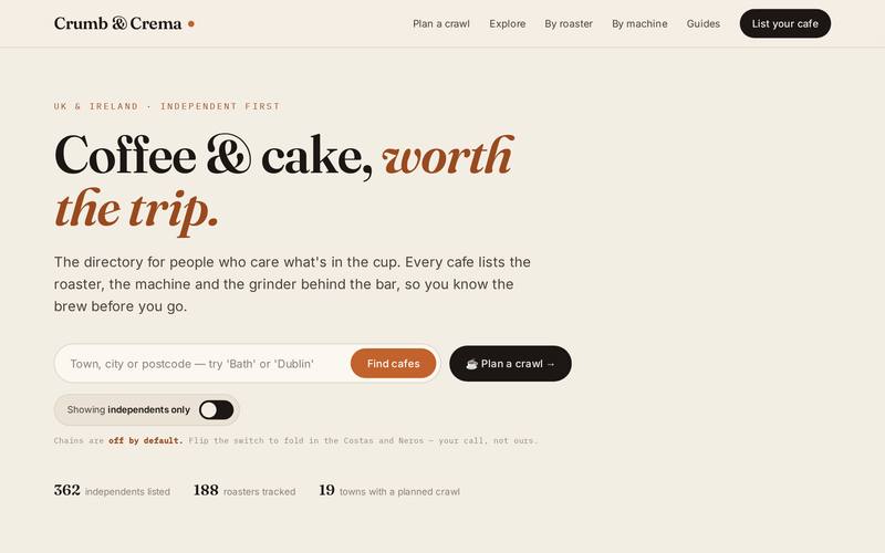 Crumb & Crema homepage, built by AI Speed
