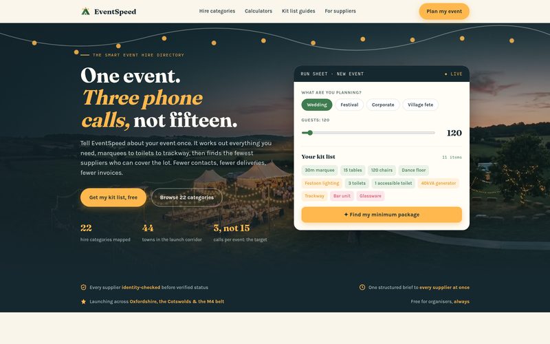 EventSpeed homepage, built by AI Speed