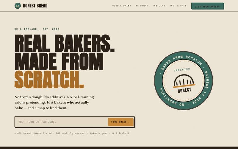 Honest Bread homepage, built by AI Speed