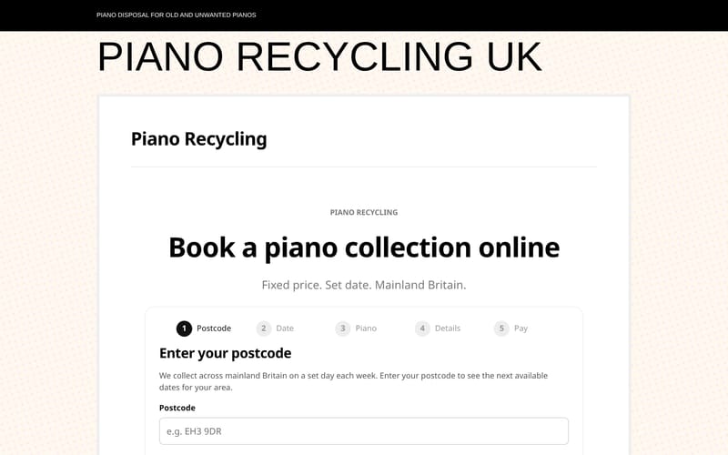 Piano Recycling homepage, built by AI Speed