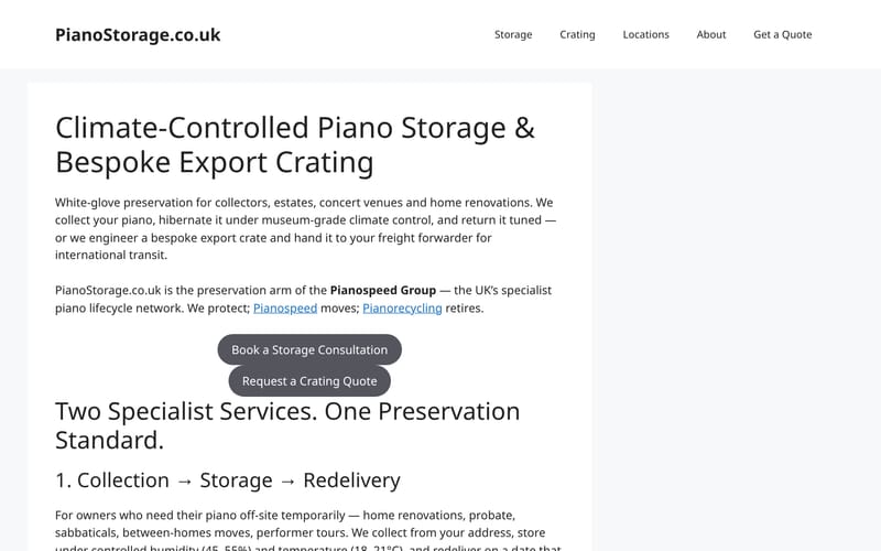 Piano Storage homepage, built by AI Speed