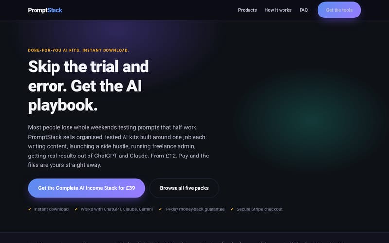 PromptStack homepage, built by AI Speed