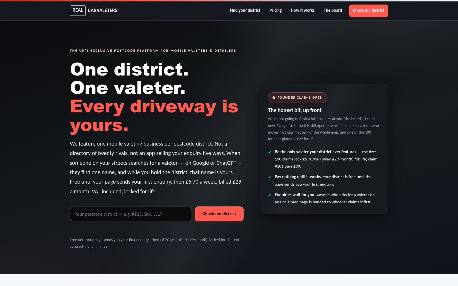 RealCarValeters homepage with a showroom-black design and district claim map, built by AI Speed
