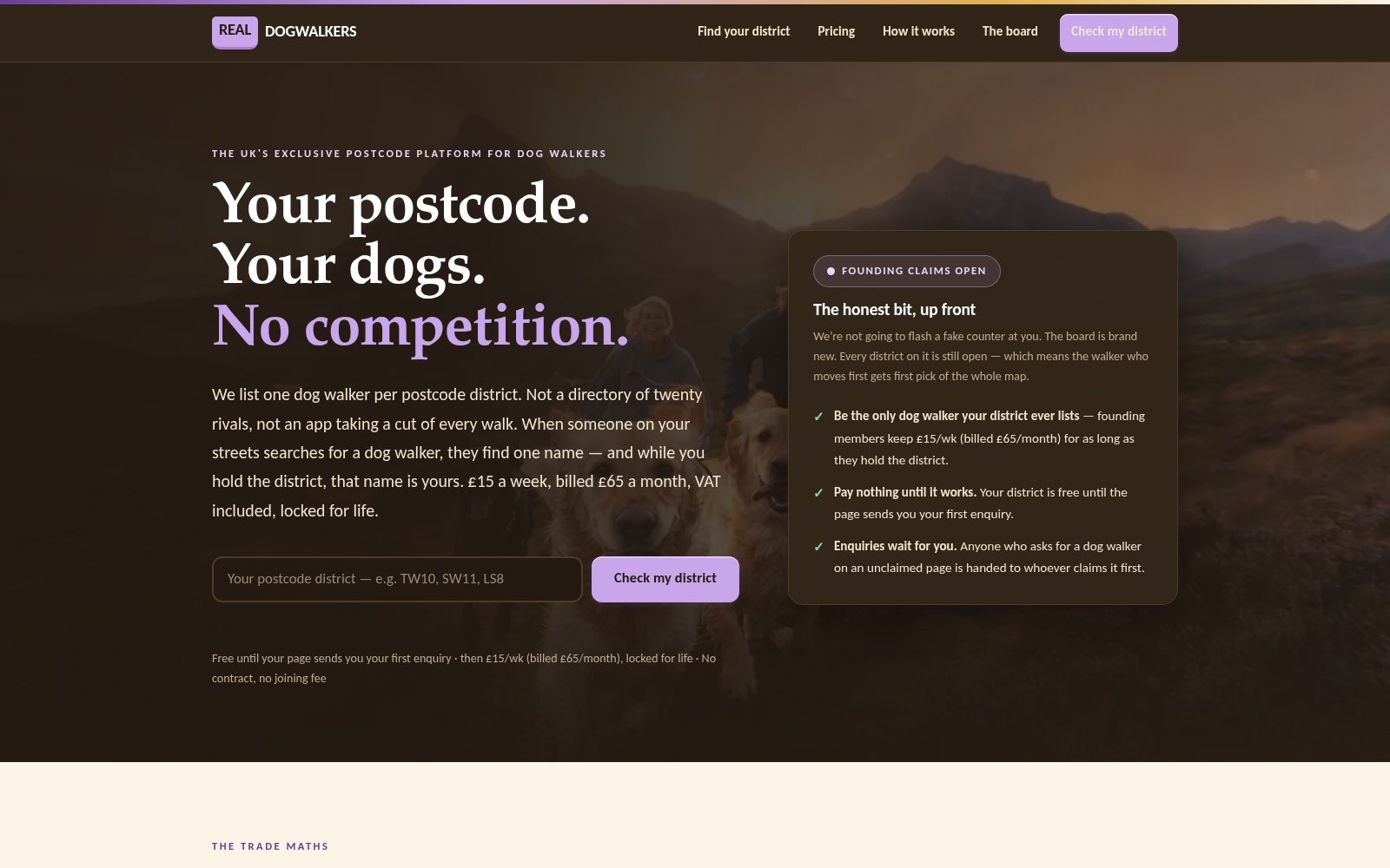 RealDogWalkers homepage with golden-hour Highlands hero and district claim map, built by AI Speed