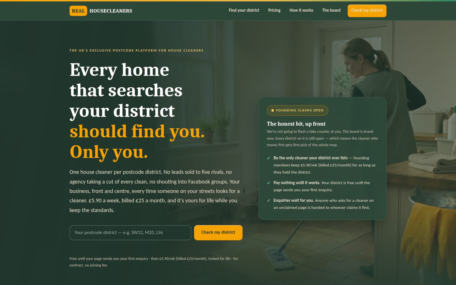 RealHouseCleaners homepage with the exclusive postcode-district claim map, built by AI Speed
