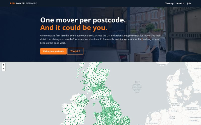 Real Movers Network homepage with the UK and Ireland claim map, built by AI Speed