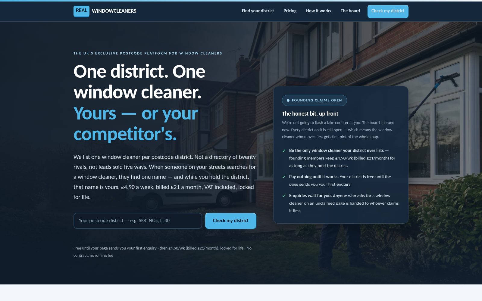 RealWindowCleaners homepage with a glass-and-morning-light design and district claim map, built by AI Speed