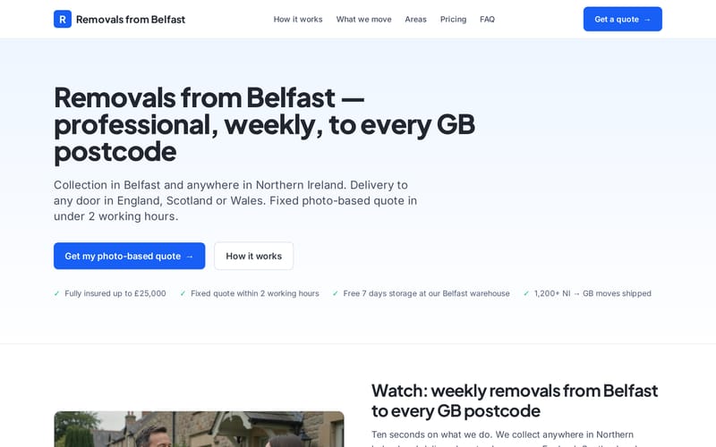 Removals from Belfast homepage, built by AI Speed