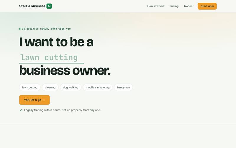StartABusinessAI homepage, built by AI Speed