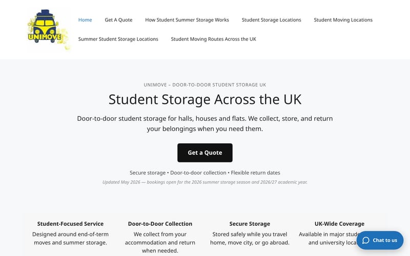 Student Summer Storage homepage, built by AI Speed