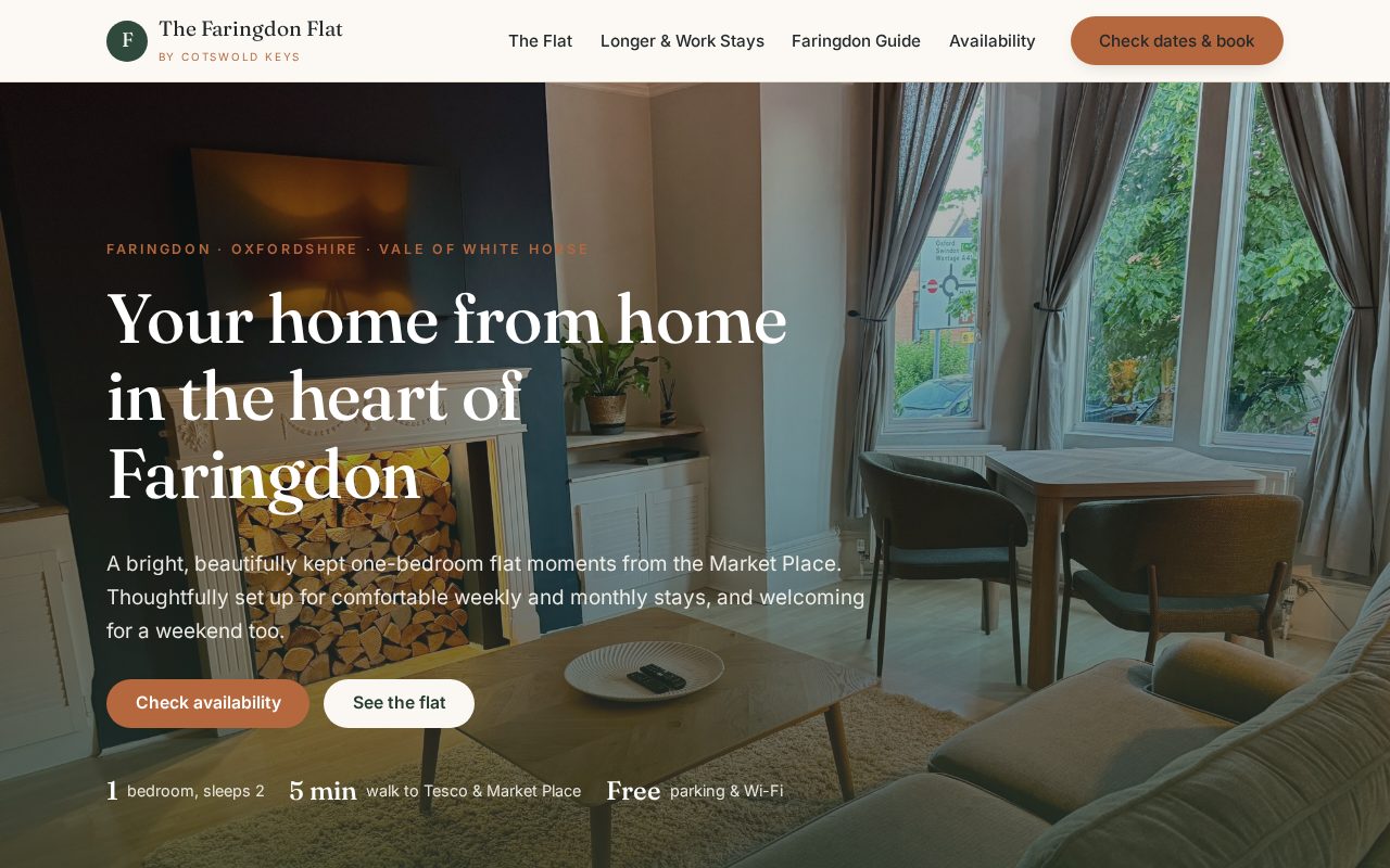 The Faringdon Flat homepage, built by AI Speed