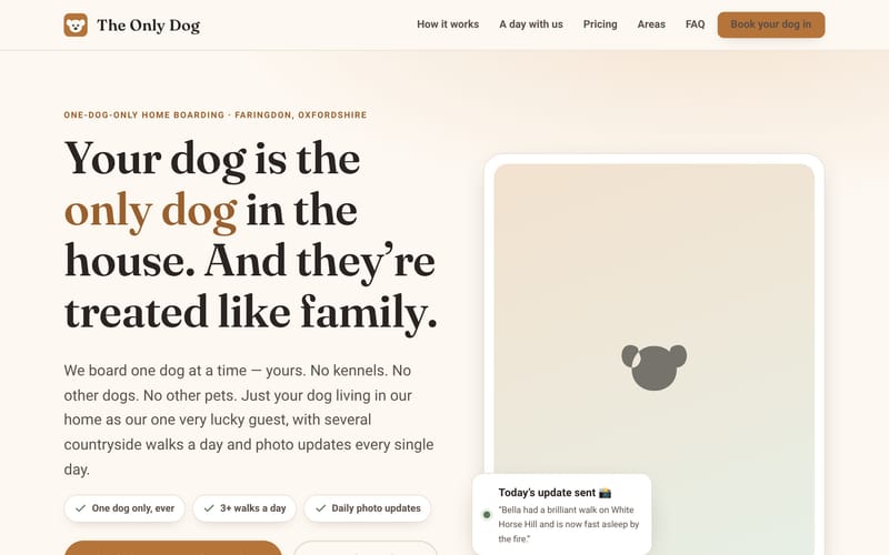 The Only Dog homepage, built by AI Speed