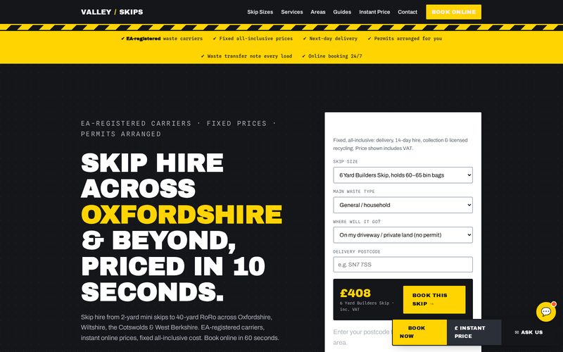 Valley Skips homepage, built by AI Speed