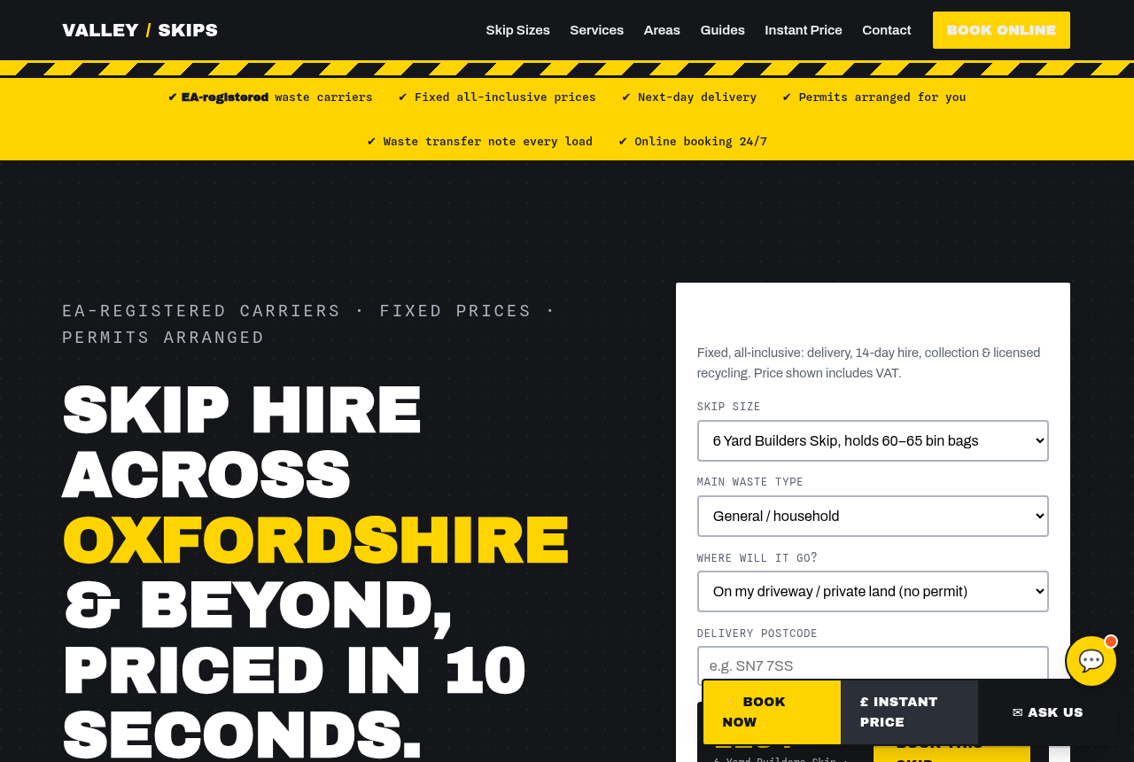 Valley Skips homepage, built by AI Speed